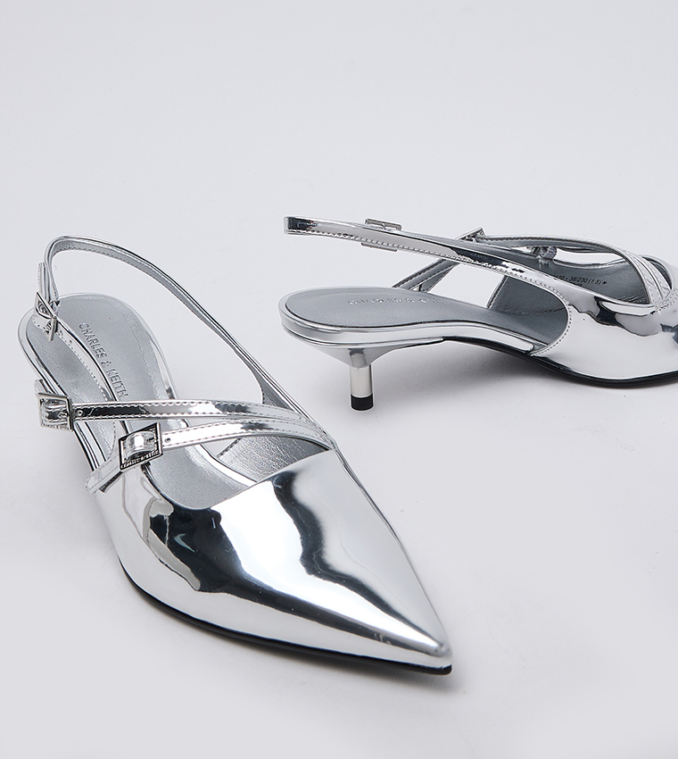 Metallic Buckle Strap Kitten Heel Slingback Pumps