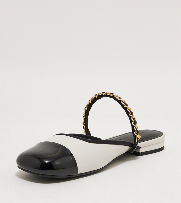 Patent Two-Tone Chain-Strap Mules