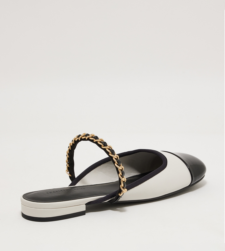 Patent Two-Tone Chain-Strap Mules