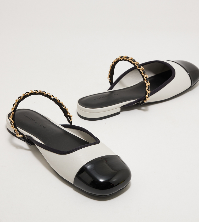 Patent Two-Tone Chain-Strap Mules