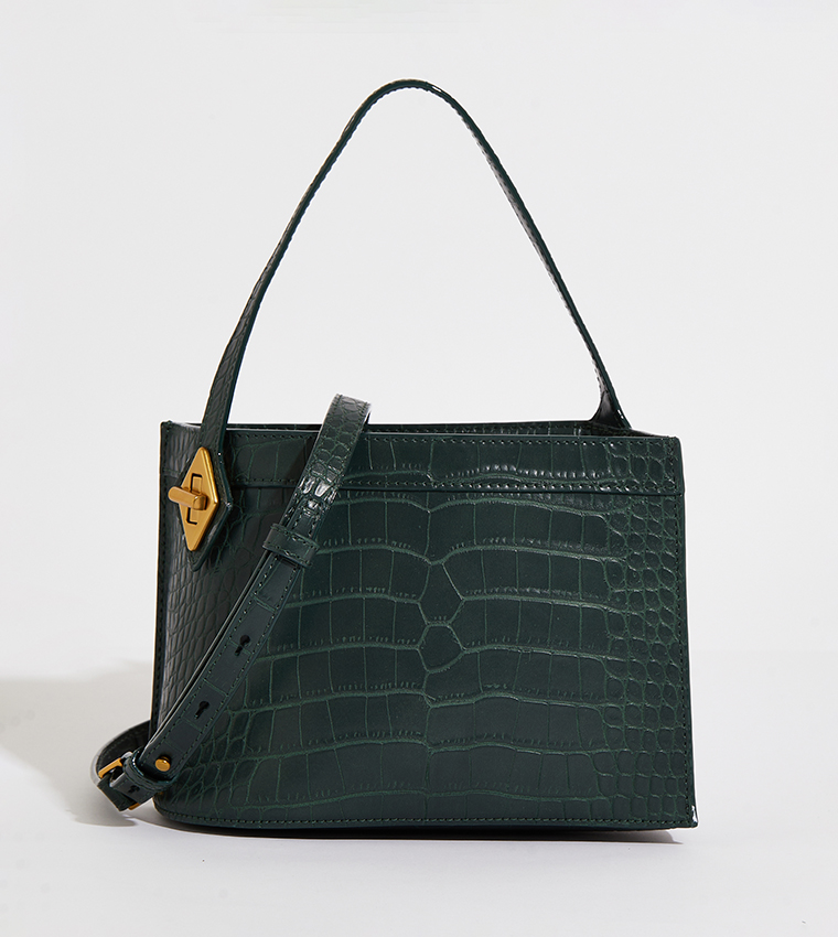 Croc Textured Metallic Accent Top Handle Bag