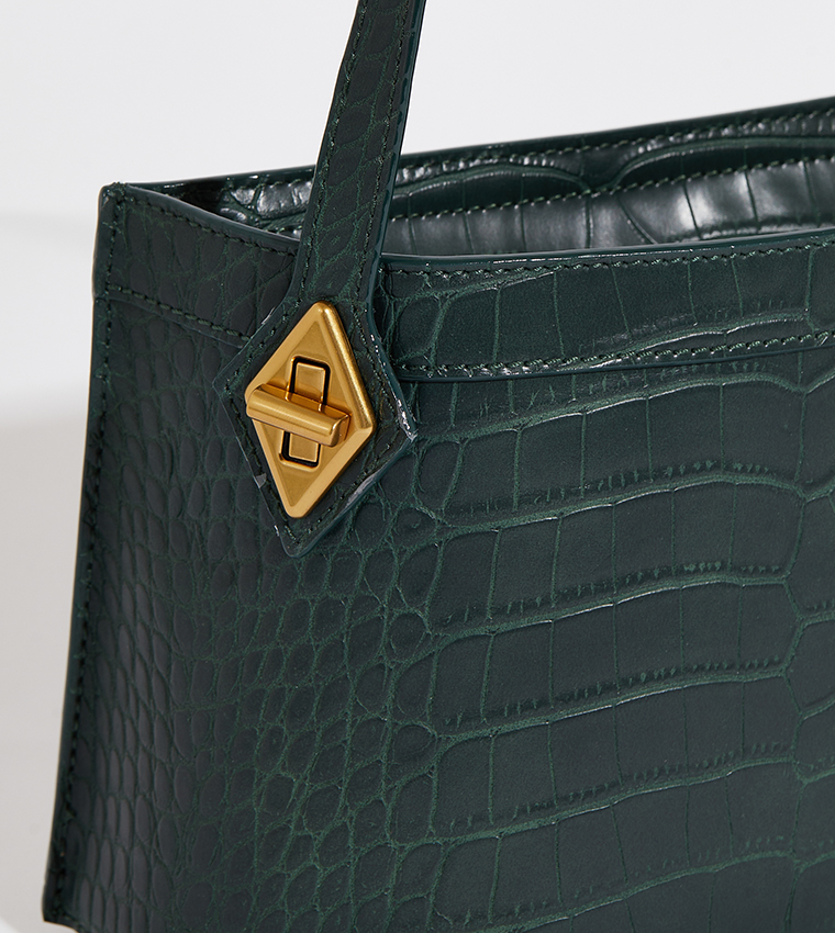 Croc Textured Metallic Accent Top Handle Bag