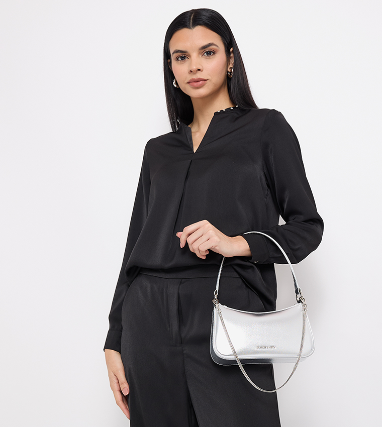 Metallic Curved Zippered Shoulder Bag