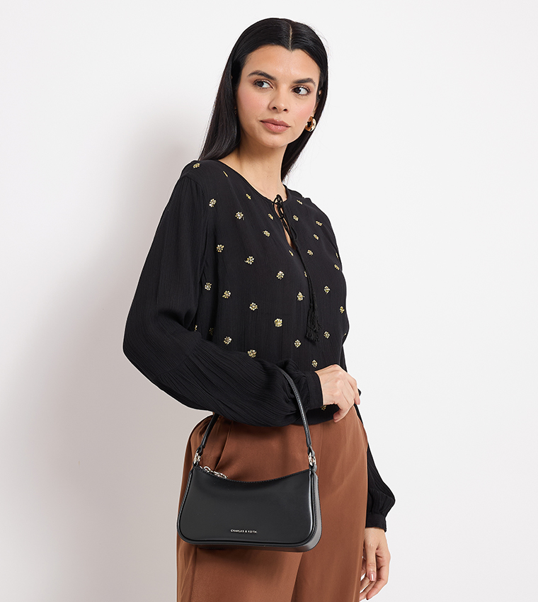 Metallic Curved Zippered Shoulder Bag