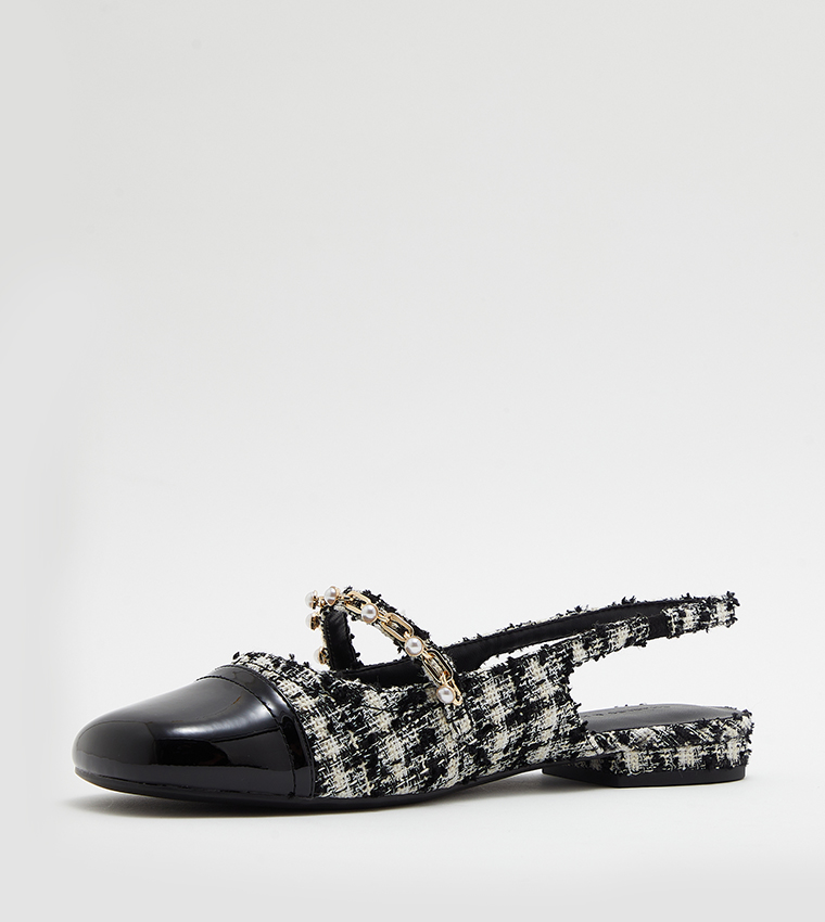 Tweed Beaded Chain-Link Slingback Flats