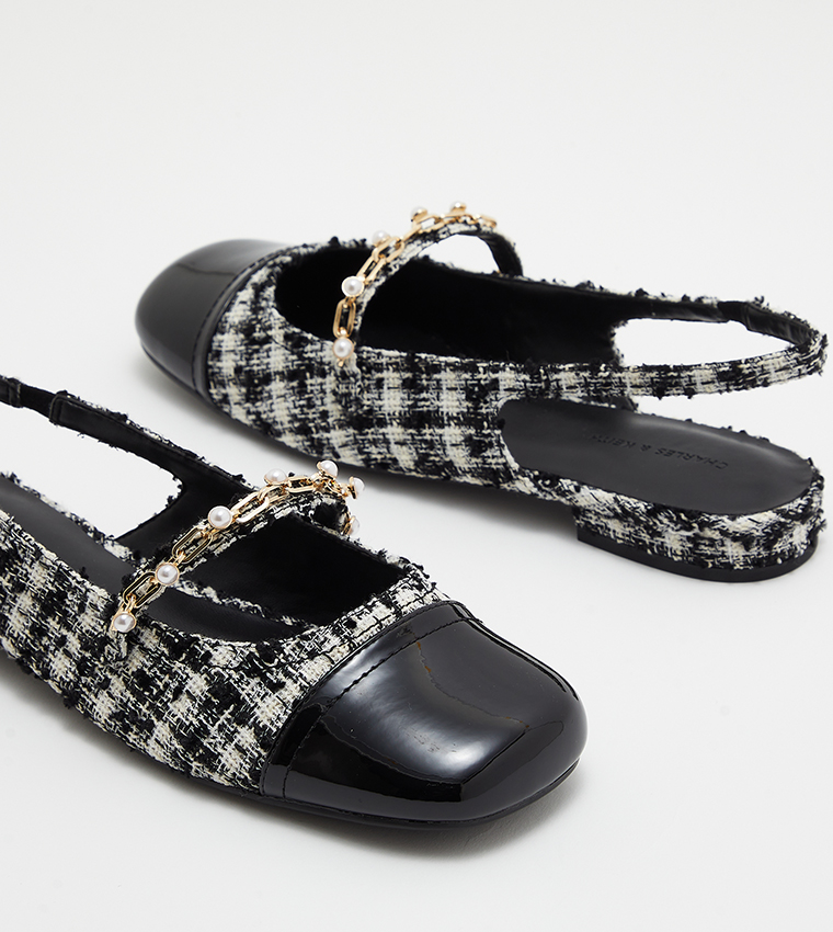 Tweed Beaded Chain-Link Slingback Flats