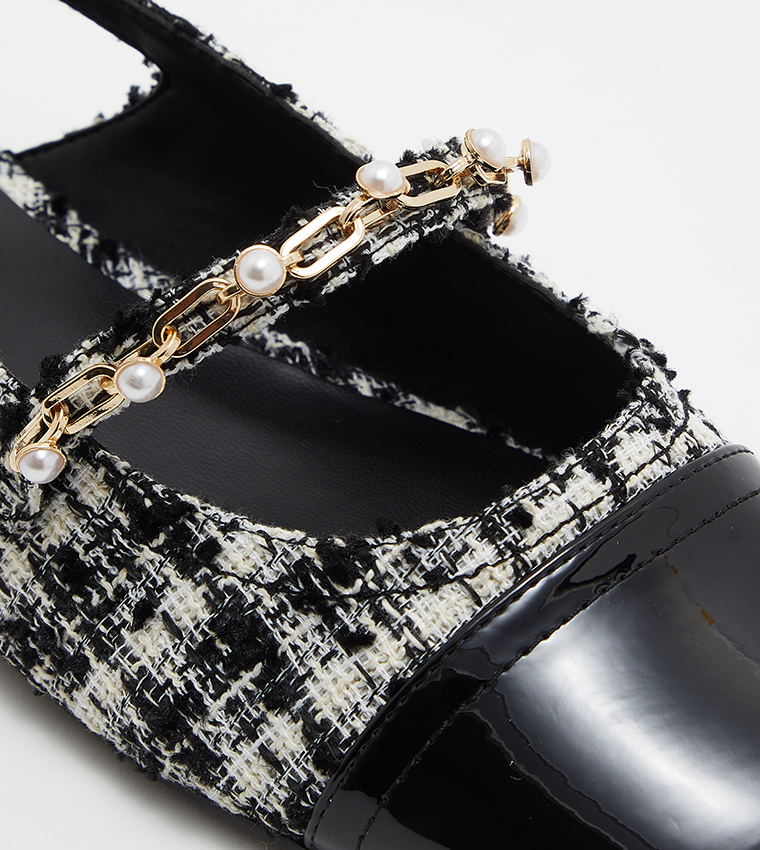 Tweed Beaded Chain-Link Slingback Flats