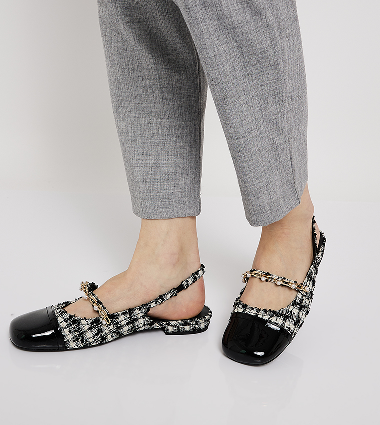 Tweed Beaded Chain-Link Slingback Flats