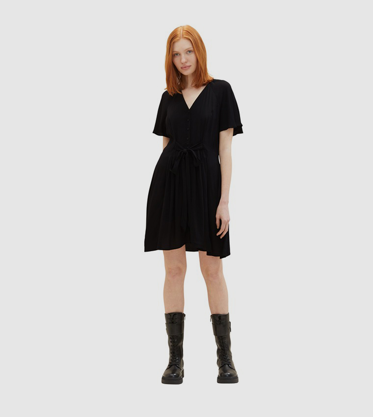 V-Neck Waist Tie-Up A-Line Dress