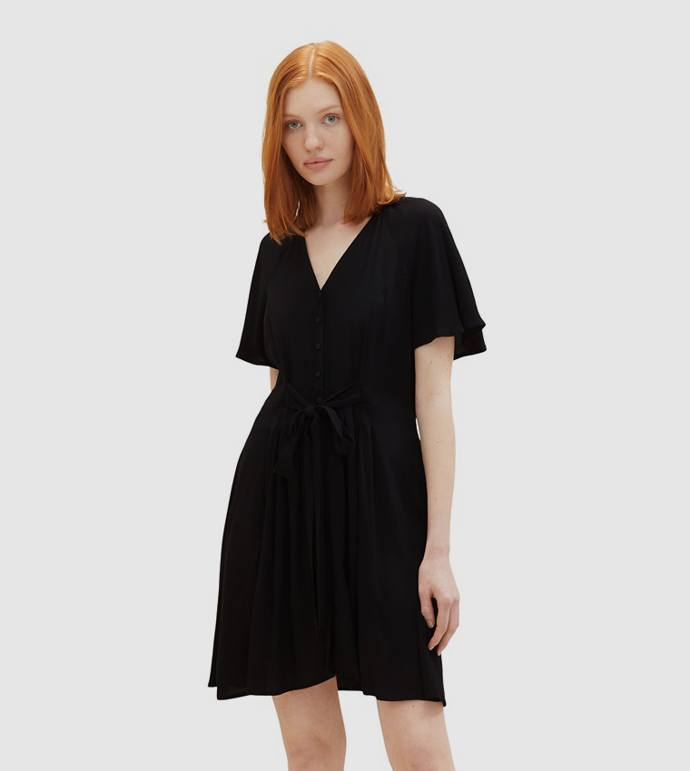 V-Neck Waist Tie-Up A-Line Dress