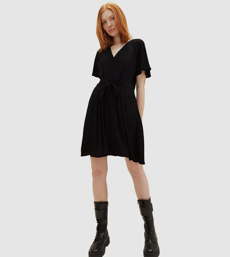 V-Neck Waist Tie-Up A-Line Dress
