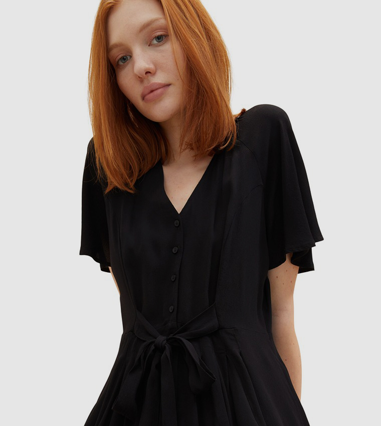 V-Neck Waist Tie-Up A-Line Dress
