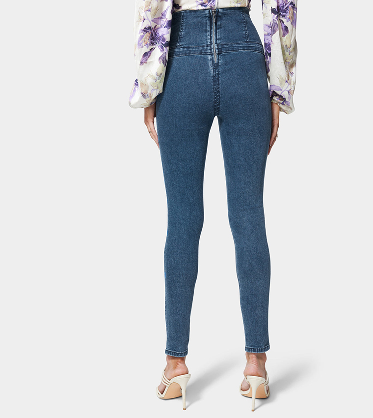 Buy Bebe High Waisted Button Detail Skinny Jeans In Blue