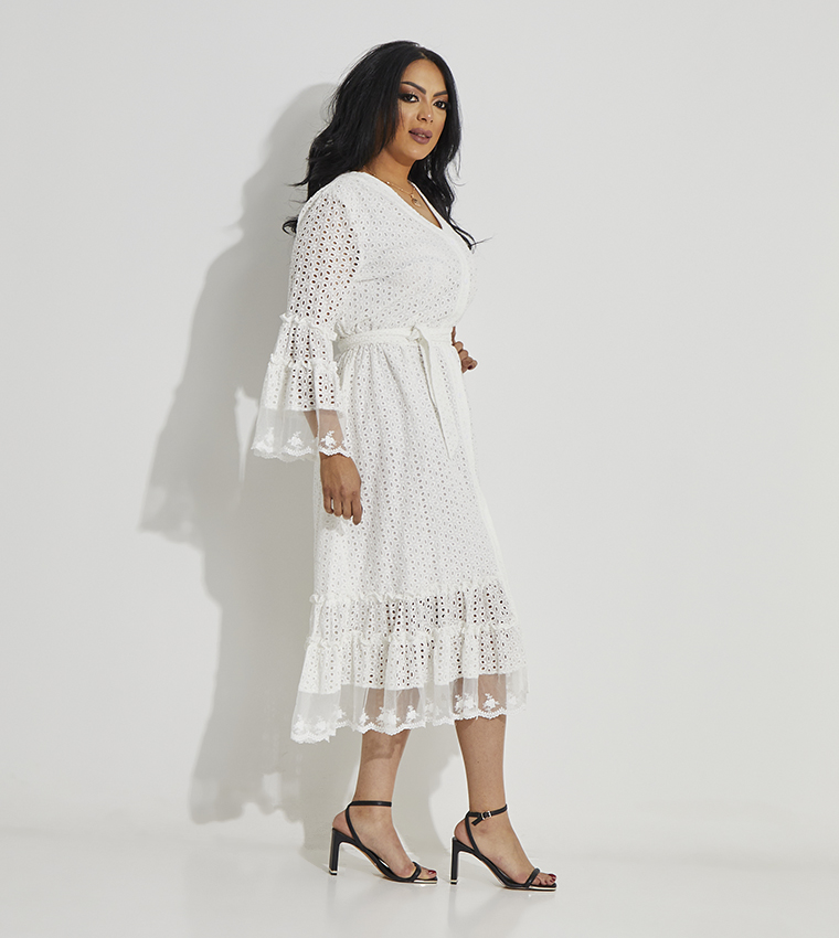 Schiffli Flounce Sleeves Midi Dress