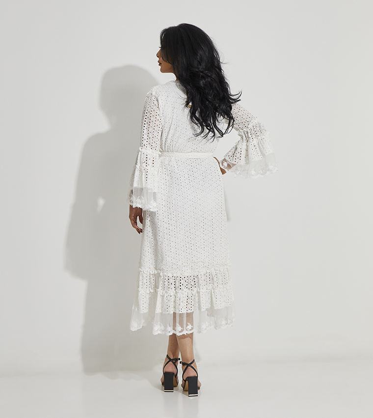 Schiffli Flounce Sleeves Midi Dress