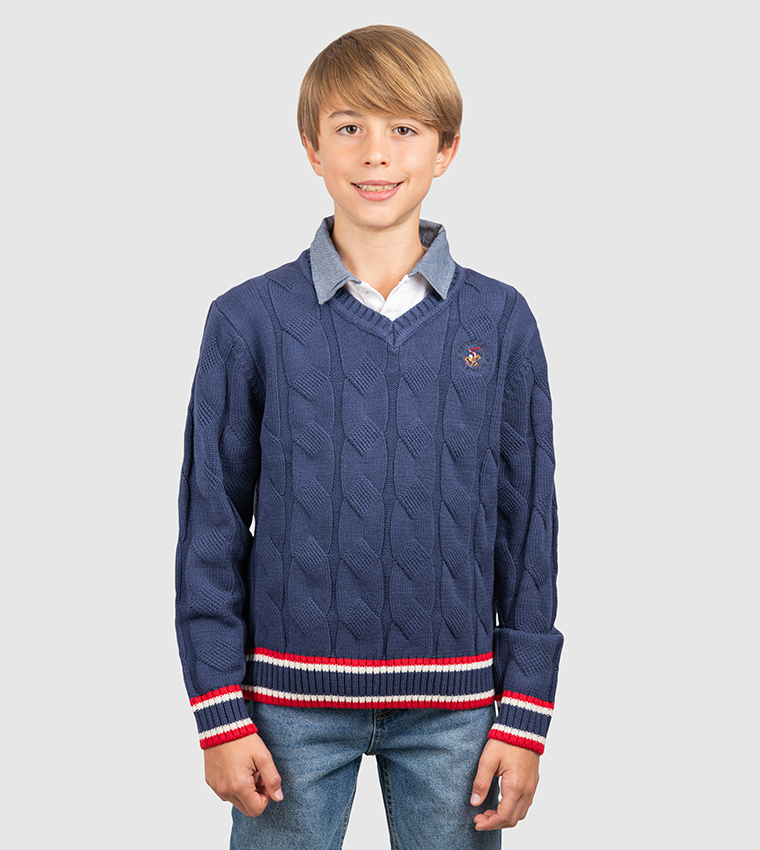 Collegiate V-Neck Cable Knit Sweater