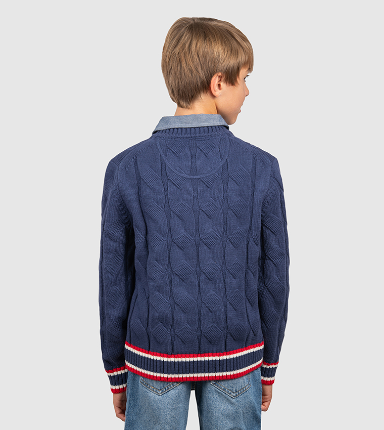 Collegiate V-Neck Cable Knit Sweater