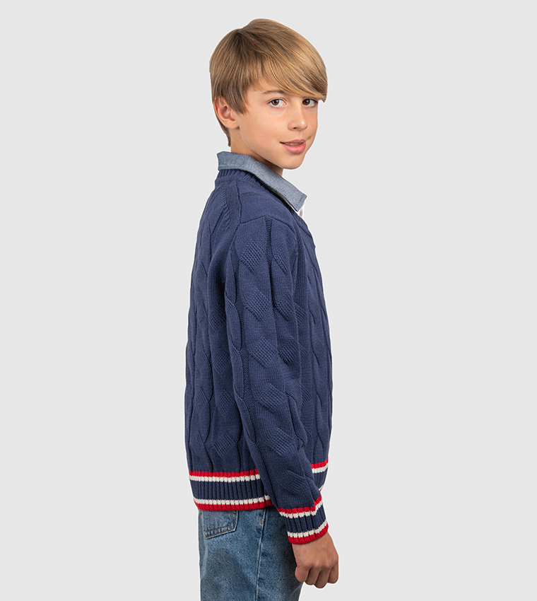 Collegiate V-Neck Cable Knit Sweater