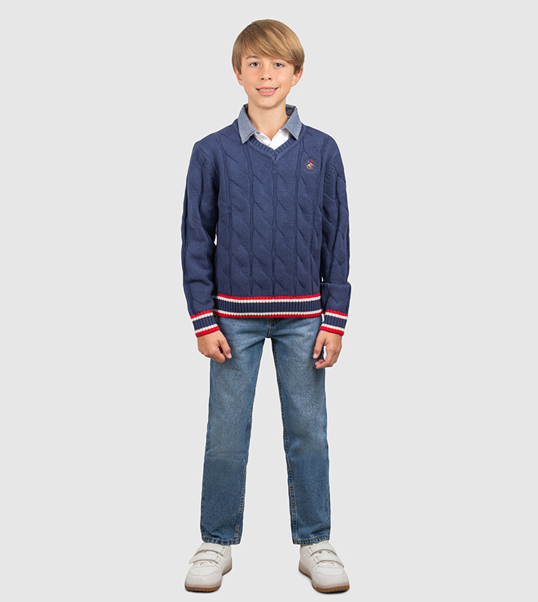 Collegiate V-Neck Cable Knit Sweater
