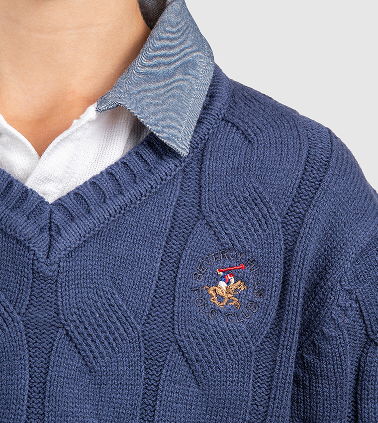 Collegiate V-Neck Cable Knit Sweater
