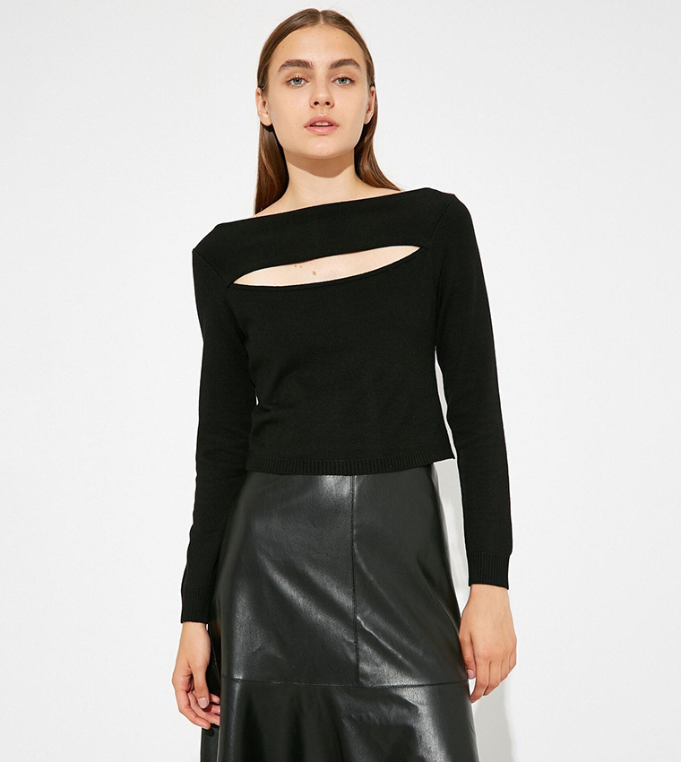 Buy Trendyol Cut Out Ribbed Sweater In Black | 6thStreet Qatar