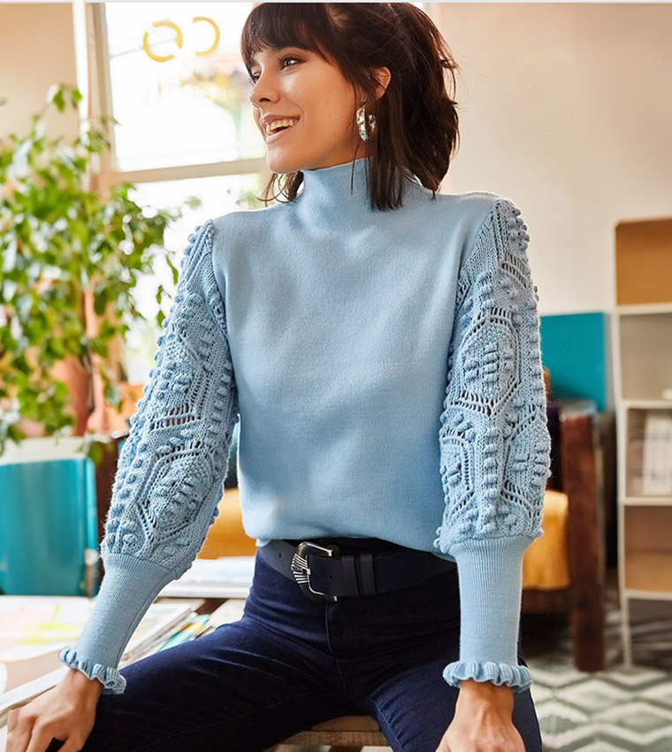 Buy Olalook Ribbed Turtleneck Long Sleeves Knitted Sweater In Blue