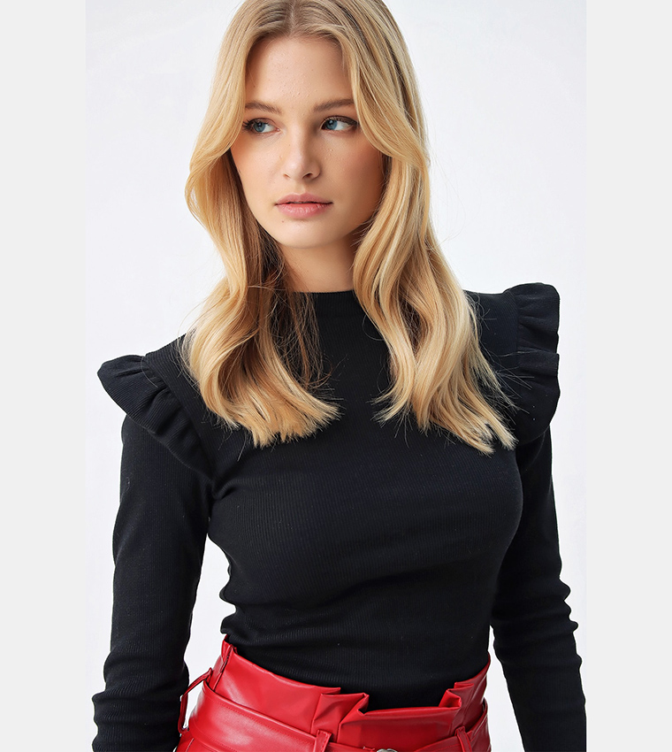Buy Trend Alacat Stili Ribbed Mock Neck Ruffle Shoulders Sweater In Black 6thStreet Oman