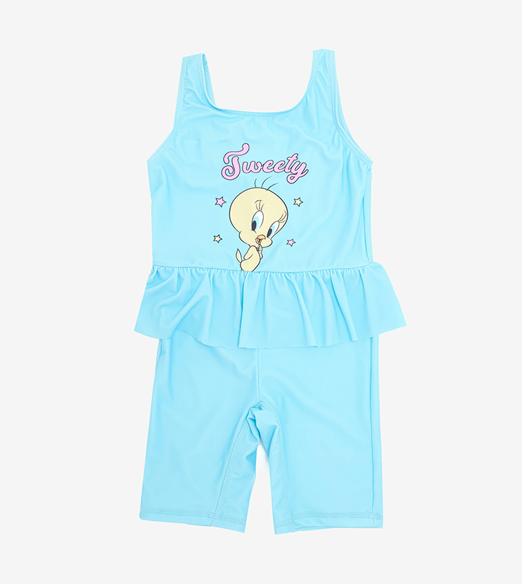 Girl's Tweety Print Peplum Swimsuit