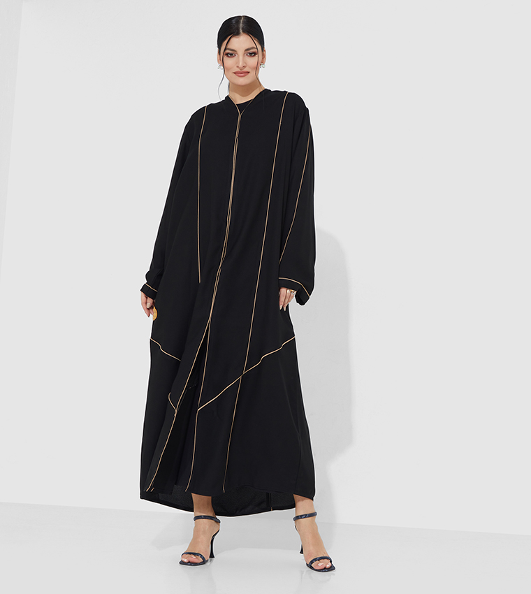 Buy Rosette Abaya Gold Piping Flare Abaya In Black | 6thStreet UAE