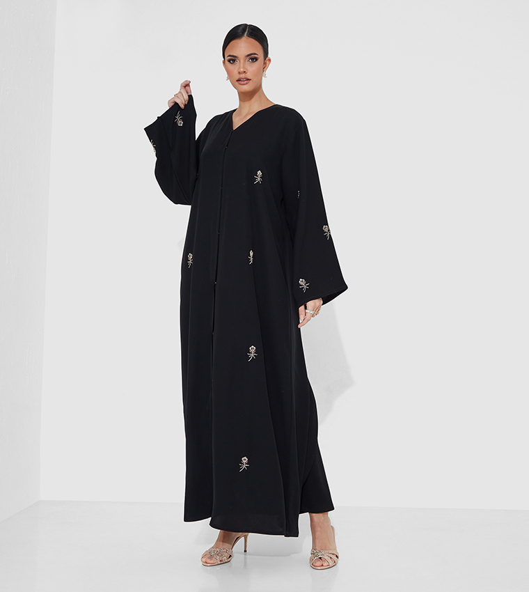 Flower Embroidered Open Abaya