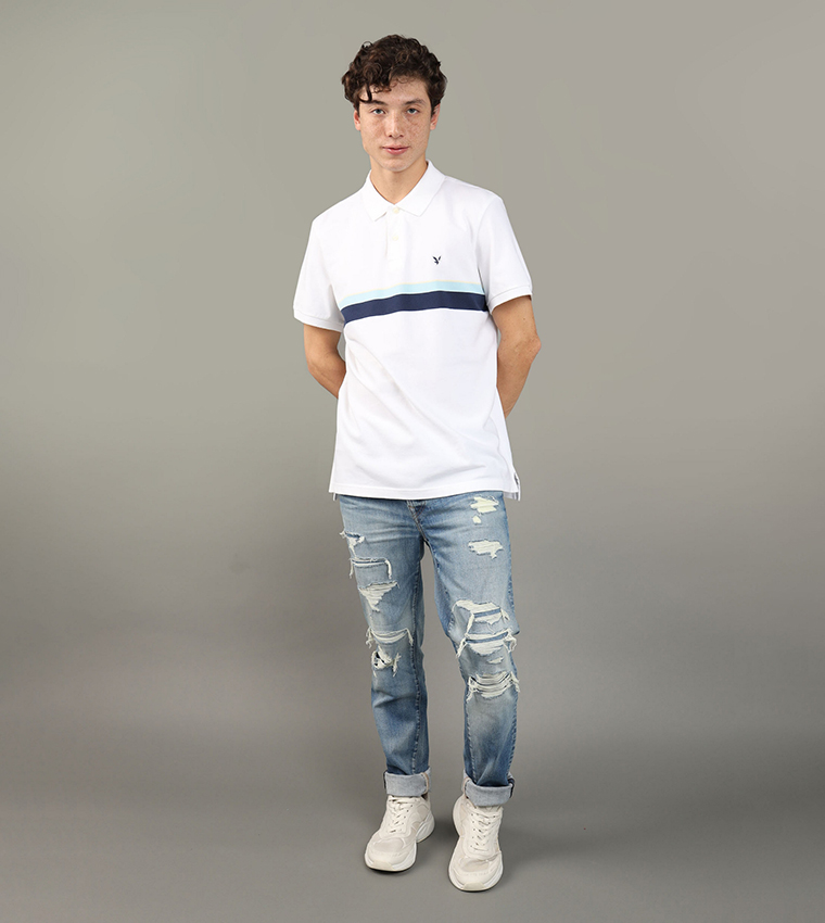 Buy American Eagle Striped Short Sleeves Polo T Shirt In White 6thStreet Bahrain