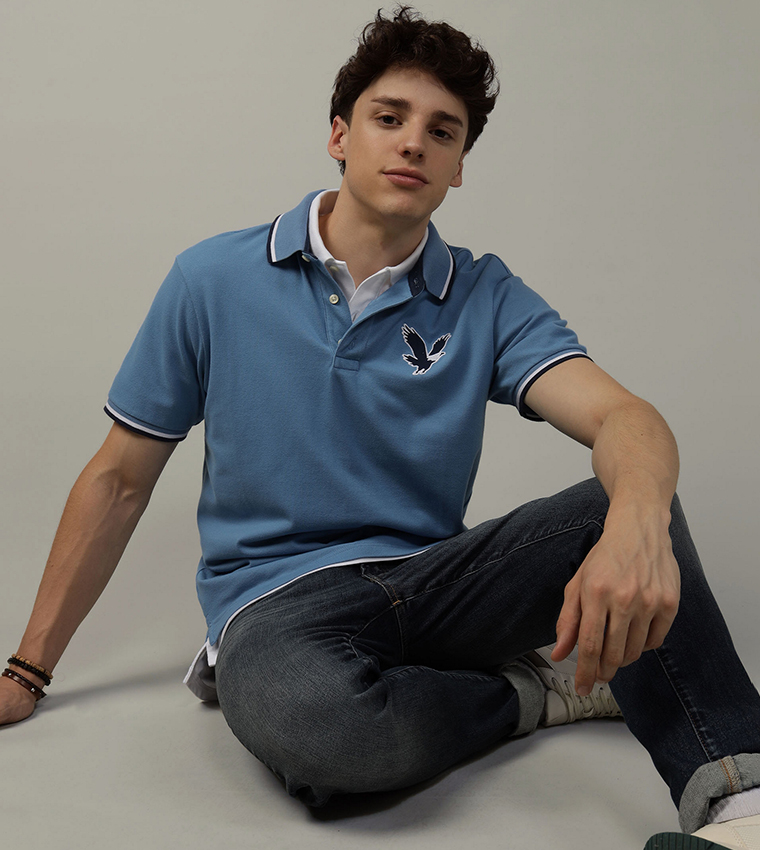 Buy American Eagle Logo Detail Flex Pique Polo T Shirt In Blue 6thStreet Bahrain