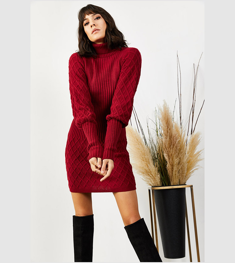 knee length dresses for ladies Red Turtleneck Sweater Mini Dress main image 0