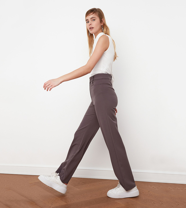 Buy Trendyol High Rise Straight Fit Trousers In Grey