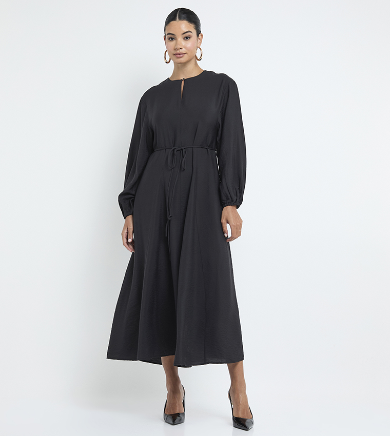 Belted Long Sleeves Midi Dress