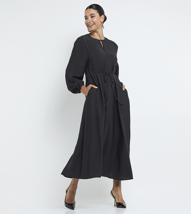 Belted Long Sleeves Midi Dress