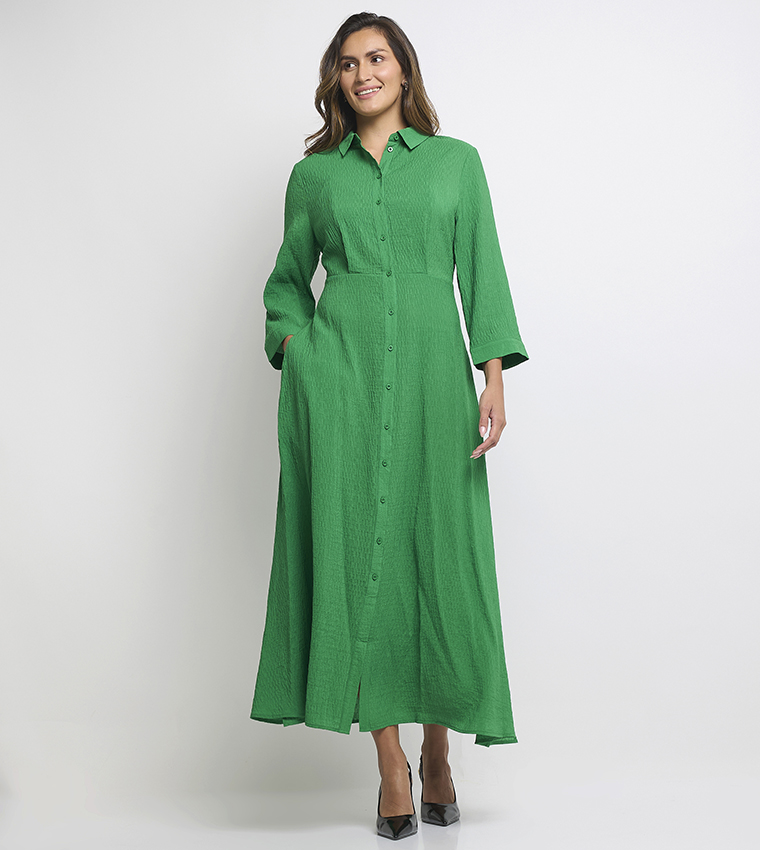 Textured Long Sleeves Maxi Shirt Dress