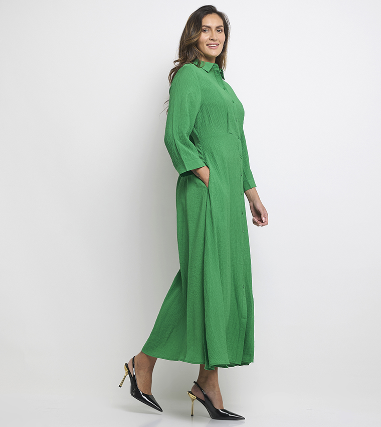 Textured Long Sleeves Maxi Shirt Dress