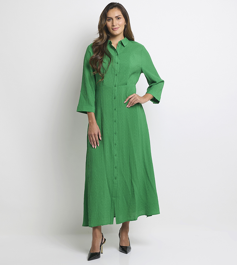 Textured Long Sleeves Maxi Shirt Dress