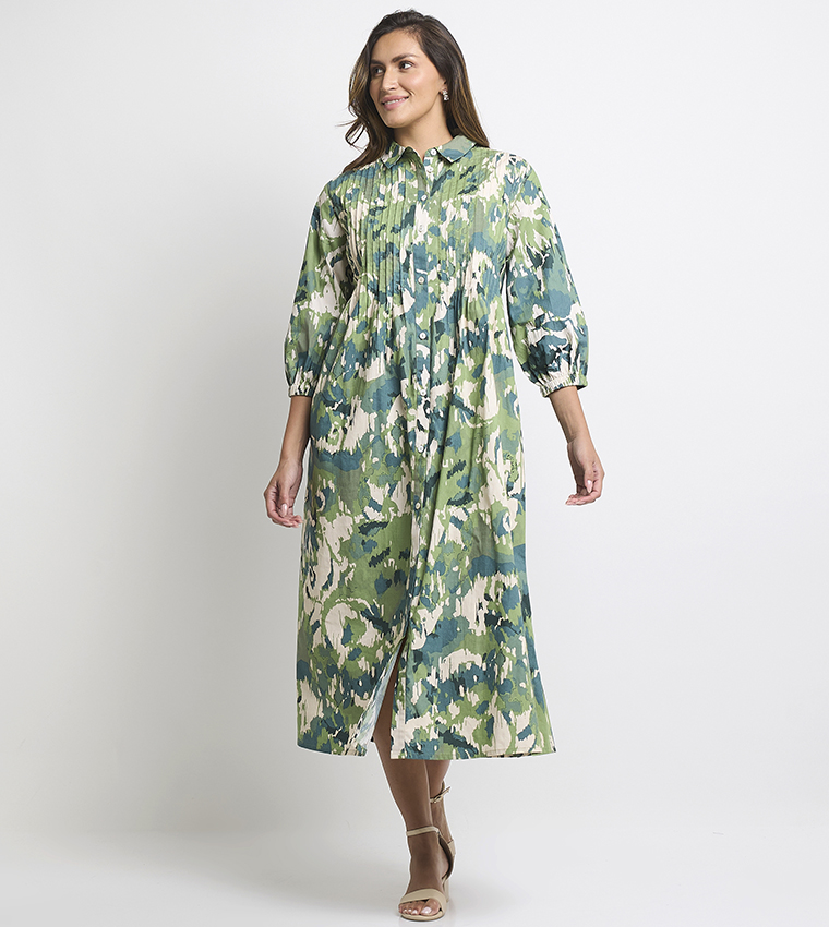 Buy Anne Klein Patterned 3/4 Sleeves Shift Sack Shirt Dress In Green |  6thstreet UAE