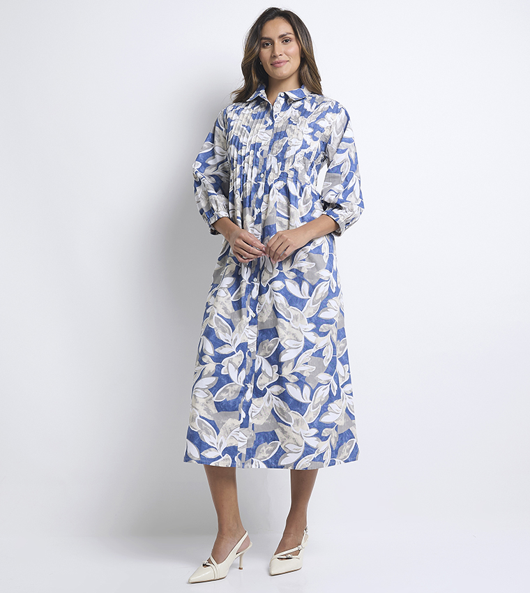Patterned 3/4 Sleeves Shift Sack Shirt Dress