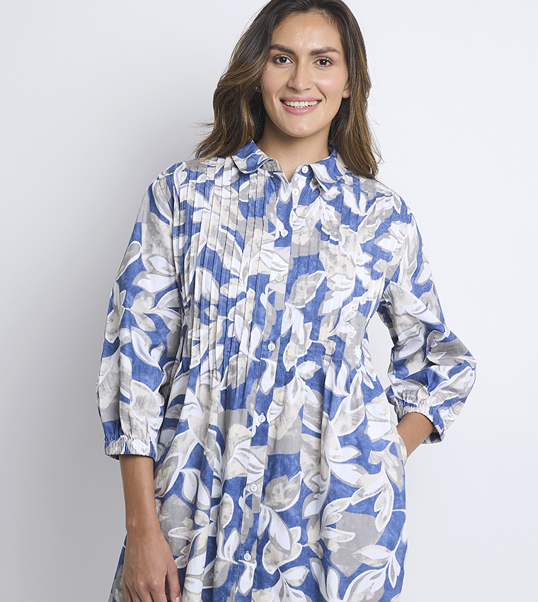 Patterned 3/4 Sleeves Shift Sack Shirt Dress