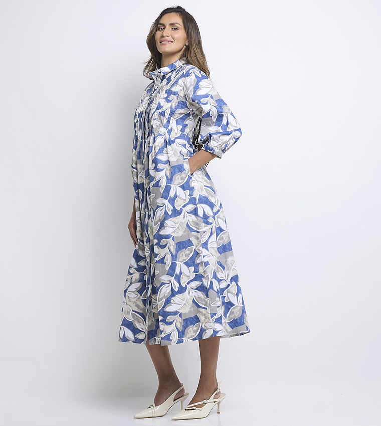 Patterned 3/4 Sleeves Shift Sack Shirt Dress