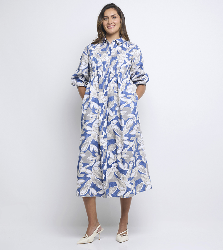 Patterned 3/4 Sleeves Shift Sack Shirt Dress
