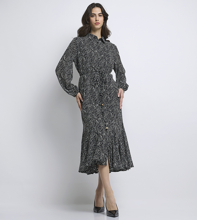 Patterned Long Sleeves Midi Shirt Dress