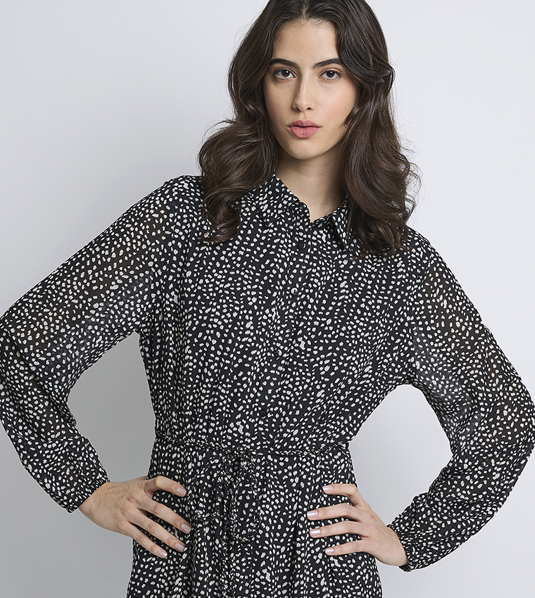Patterned Long Sleeves Midi Shirt Dress