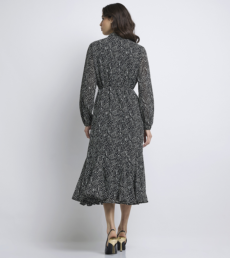 Patterned Long Sleeves Midi Shirt Dress