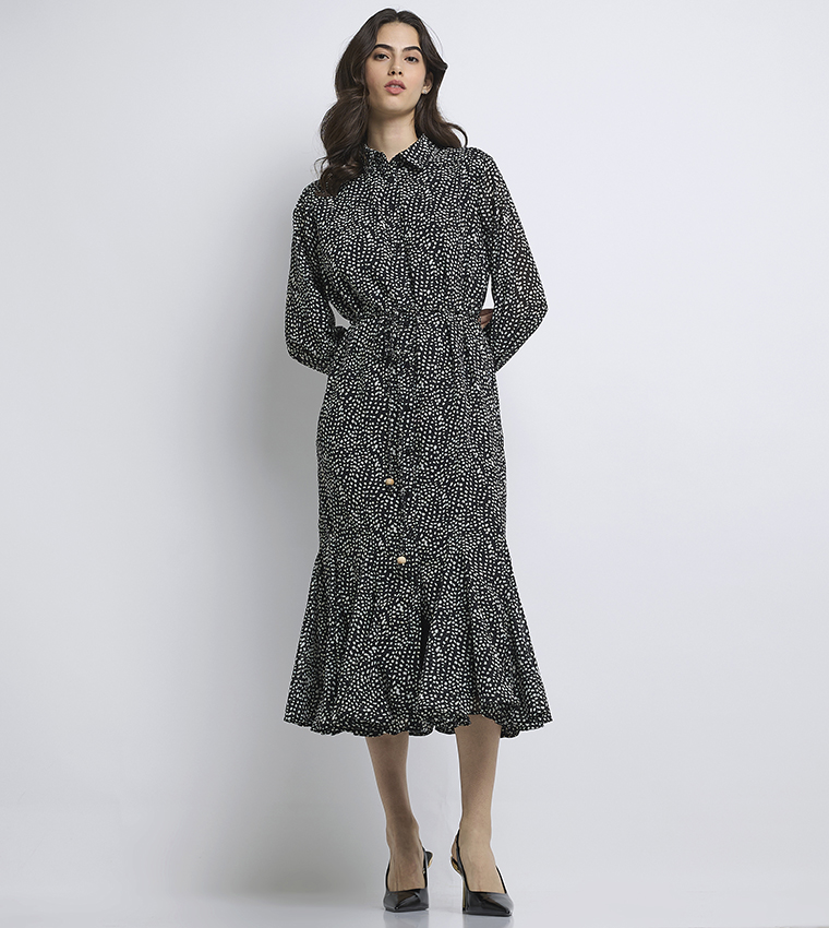 Patterned Long Sleeves Midi Shirt Dress