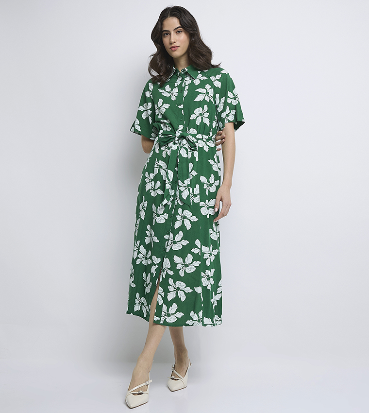 Printed Short Sleeves Midi Shirt Dress