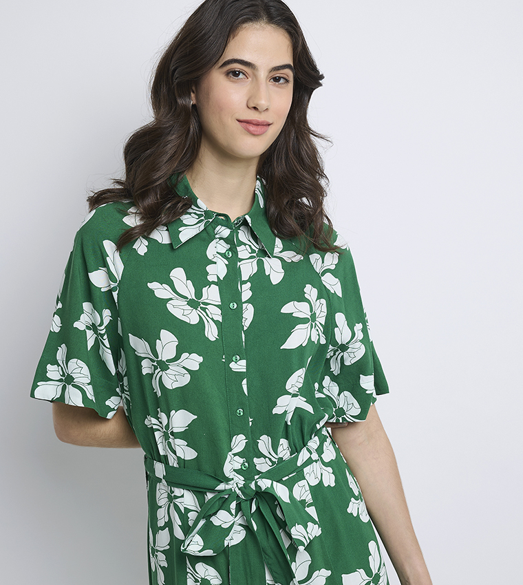 Printed Short Sleeves Midi Shirt Dress